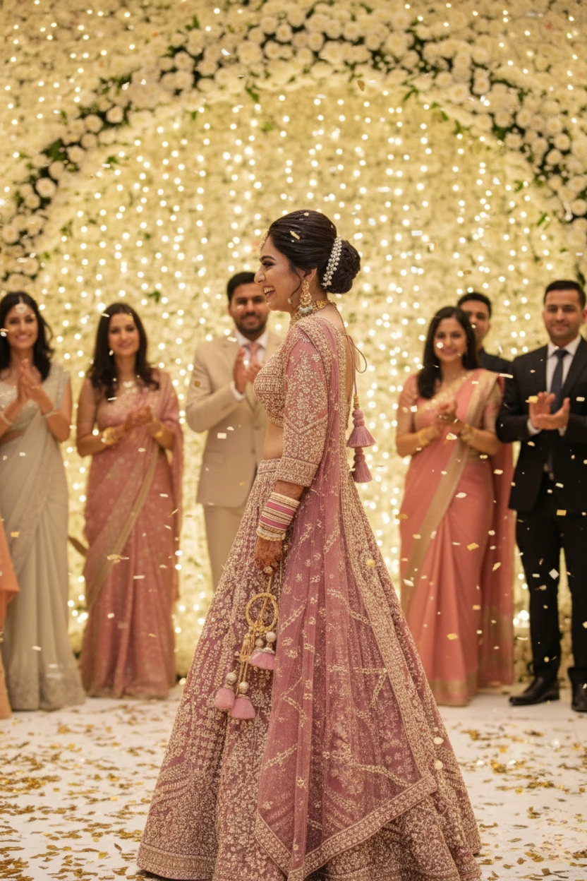 Ethereal Bloom – Onion Pink Bead & Pearl Embellished Net Lehenga - Image 2