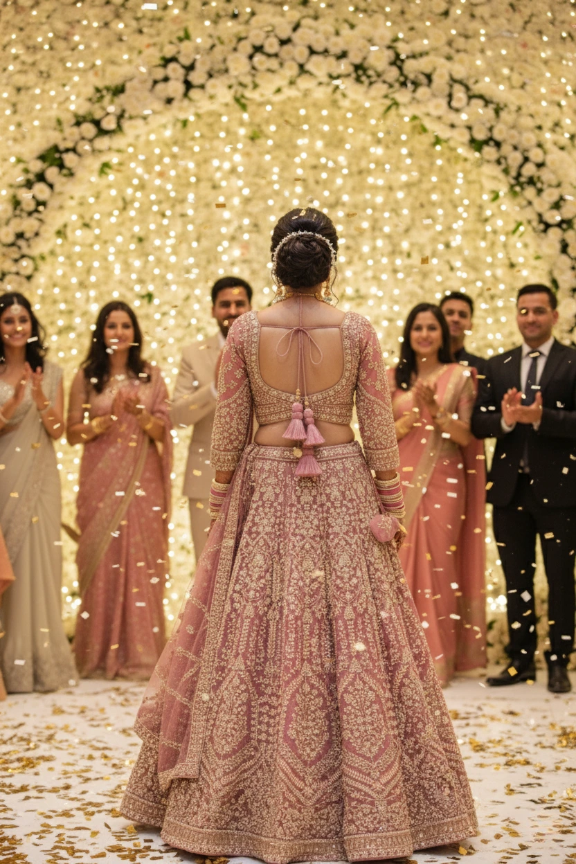 Ethereal Bloom – Onion Pink Bead & Pearl Embellished Net Lehenga - Image 3
