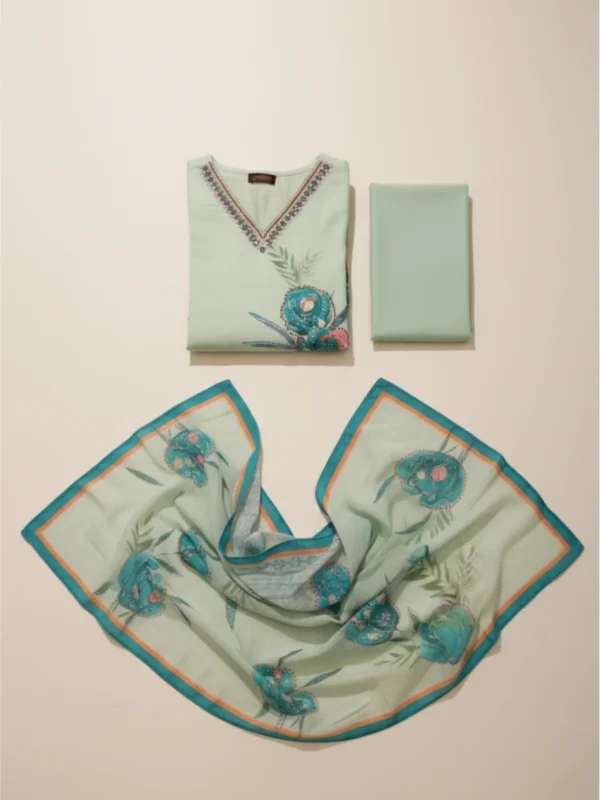 Sky blue khadi suit with intricate hand-painted and highlight work, paired with matching pants and dupatta — ideal for festive and cultural occasions.