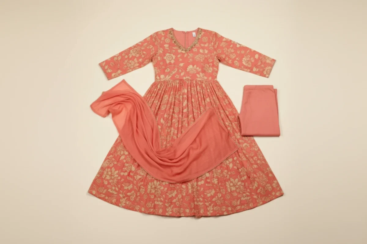 Soft pink Model Silk printed suit for women with floral motifs and matching dupatta — elegant festive and ethnic wear.