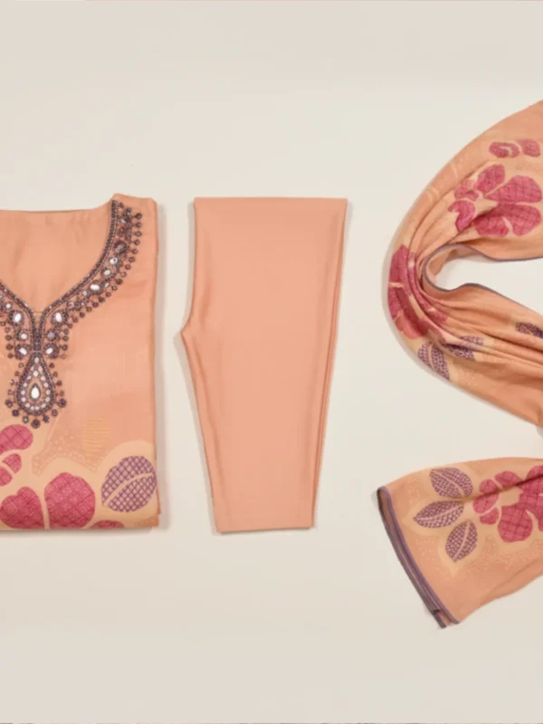 Peach fancy suit with intricate handwork and floral printed dupatta — elegant ethnic wear for women by Rangoli Saris.