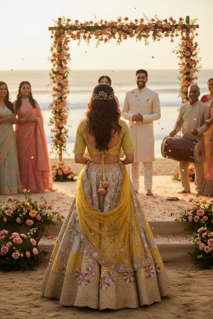 Sunlit Grace – Grey & Yellow Mirror and Jari Work Raw Silk Lehenga Set - Image 3