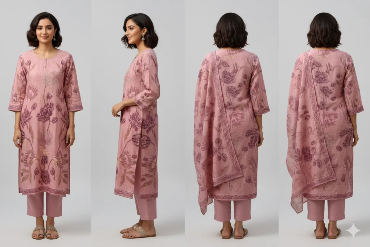 Pink khadi suit with elegant multi-print floral motifs, paired with matching dupatta and pants — ideal for festive and daytime elegance.