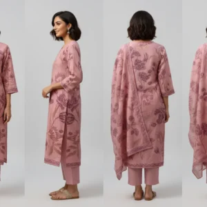 Pink khadi suit with elegant multi-print floral motifs, paired with matching dupatta and pants — ideal for festive and daytime elegance.