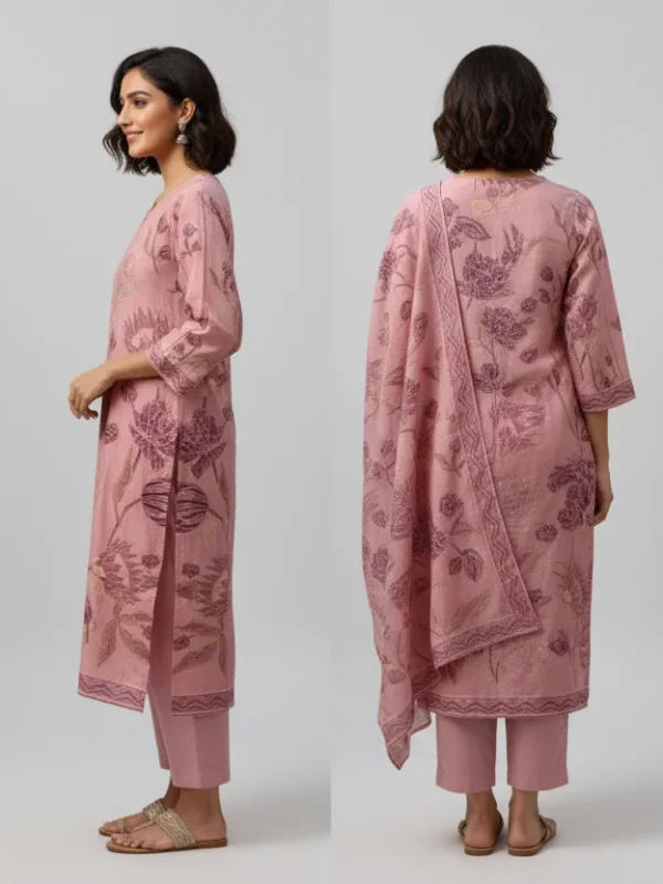 Pink khadi suit with elegant multi-print floral motifs, paired with matching dupatta and pants — ideal for festive and daytime elegance.