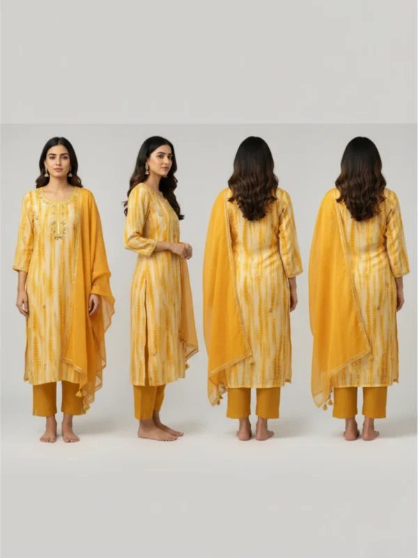 Mustard Mirage – Tie & Dye Muslin Mirror Work Suit Set (3 Pc)