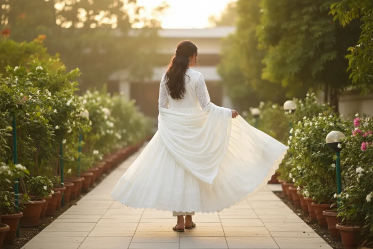 Cream cotton embroidered suit with lace-edged dupatta — elegant ethnic wear for festive and daytime occasions.