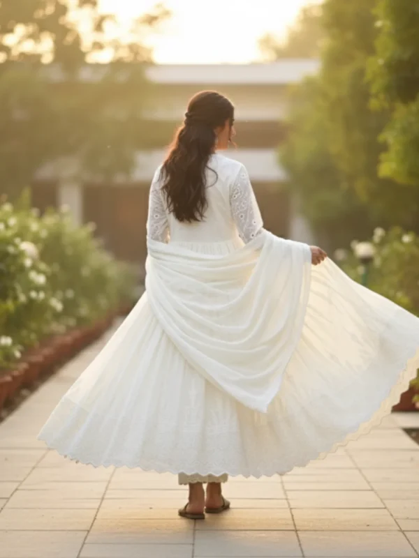 Cream cotton embroidered suit with lace-edged dupatta — elegant ethnic wear for festive and daytime occasions.