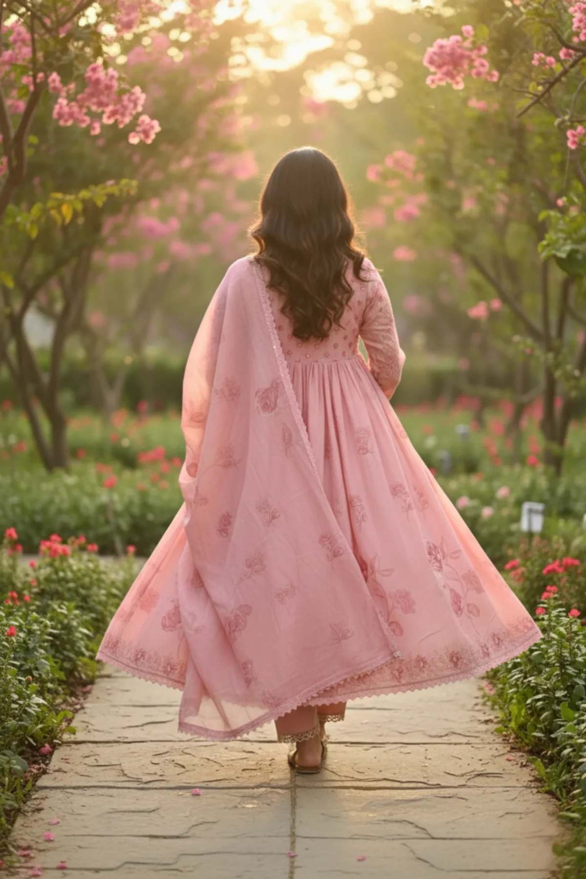 Pink cotton embroidered Anarkali suit with floral motifs and matching dupatta — elegant ethnic wear for festive occasions.