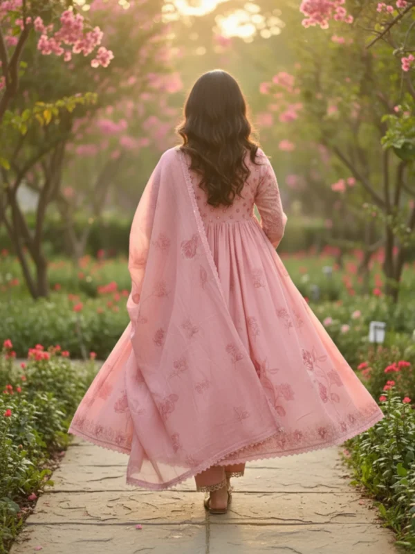 Pink cotton embroidered Anarkali suit with floral motifs and matching dupatta — elegant ethnic wear for festive occasions.