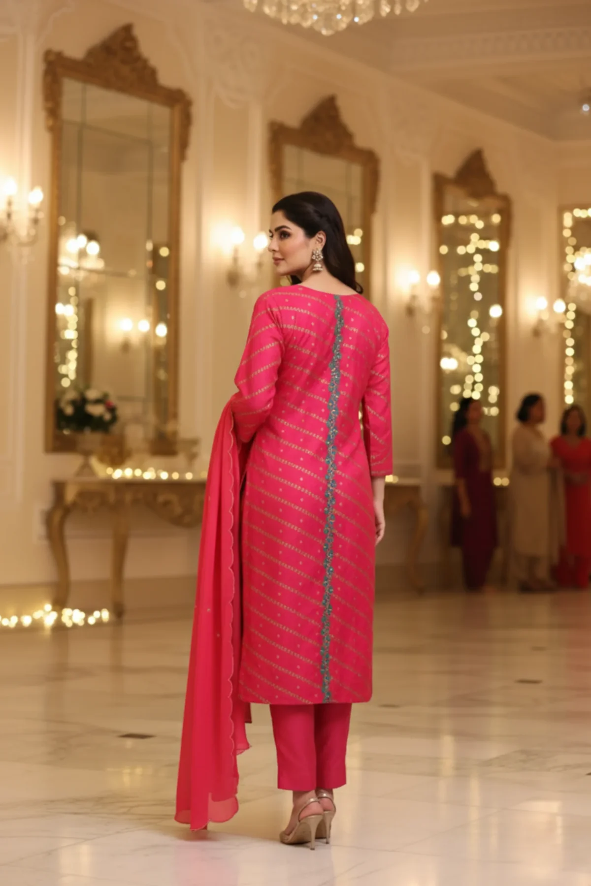 Raani pink Model Silk suit with teal contrast and weaving highlight work, styled with matching dupatta and pants — elegant festive ethnic wear for women.