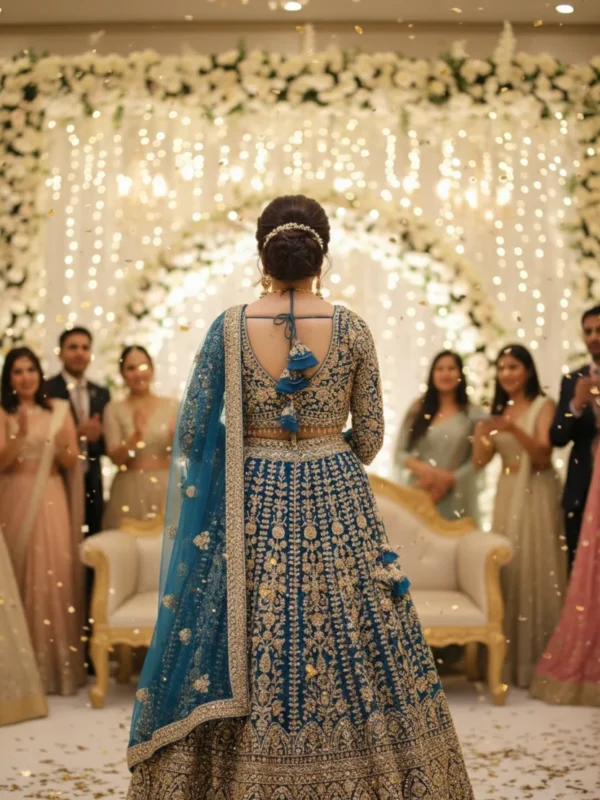 Midnight Majesty – Royal Blue Crystal & Bead Embellished Net Lehenga Set