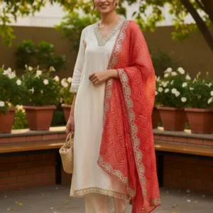 Off white muslin suit with embroidered neckline and detailed borders, paired with contrasting dupatta — ideal for festive and daytime wear.