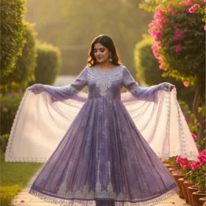 Lavender georgette anarkali suit with printed and embroidered detailing, paired with matching embroidered dupatta — ideal for festive and evening celebrations.