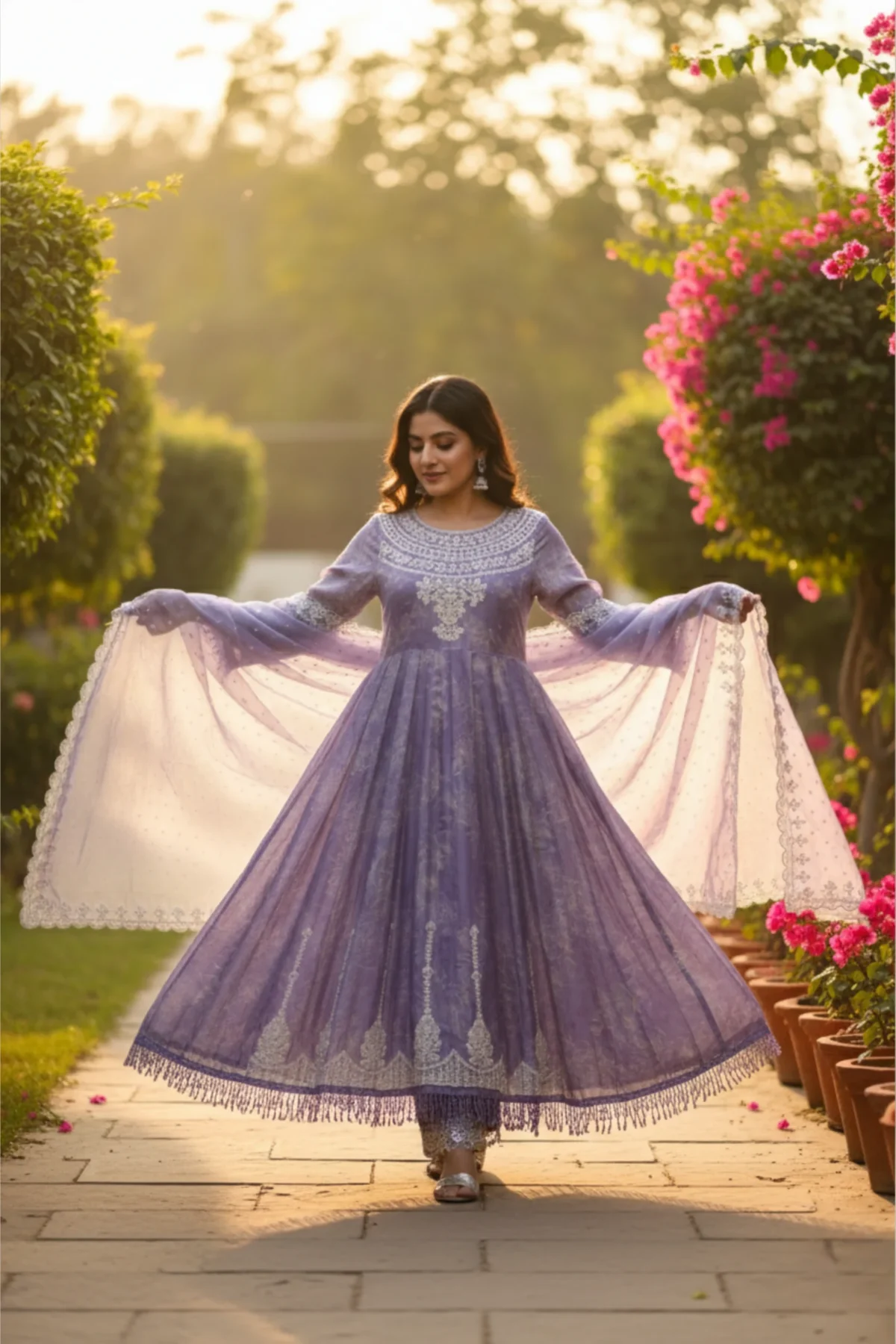 Lavender georgette anarkali suit with printed and embroidered detailing, paired with matching embroidered dupatta — ideal for festive and evening celebrations.