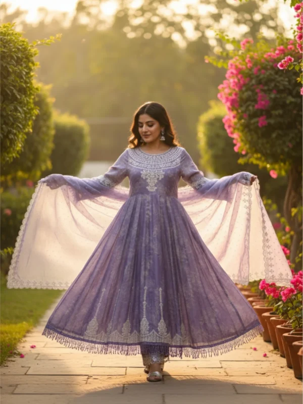 Lavender georgette anarkali suit with printed and embroidered detailing, paired with matching embroidered dupatta — ideal for festive and evening celebrations.