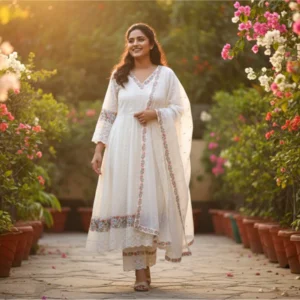 Off white cotton suit with delicate weaving and embroidery work, paired with matching pants and dupatta — perfect for festive and daytime wear.