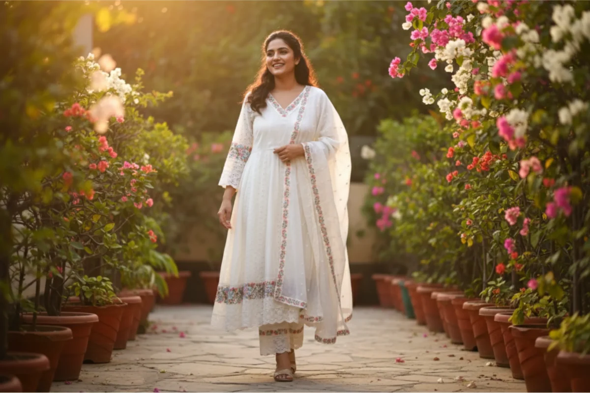 Off white cotton suit with delicate weaving and embroidery work, paired with matching pants and dupatta — perfect for festive and daytime wear.