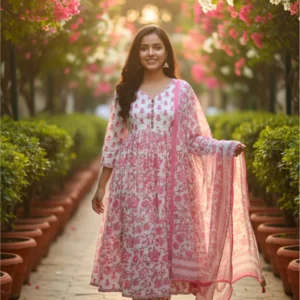 Floral Whisper – White Printed Cotton Suit Set