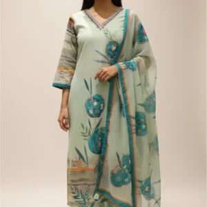 Sky blue khadi suit with intricate hand-painted and highlight work, paired with matching pants and dupatta — ideal for festive and cultural occasions.