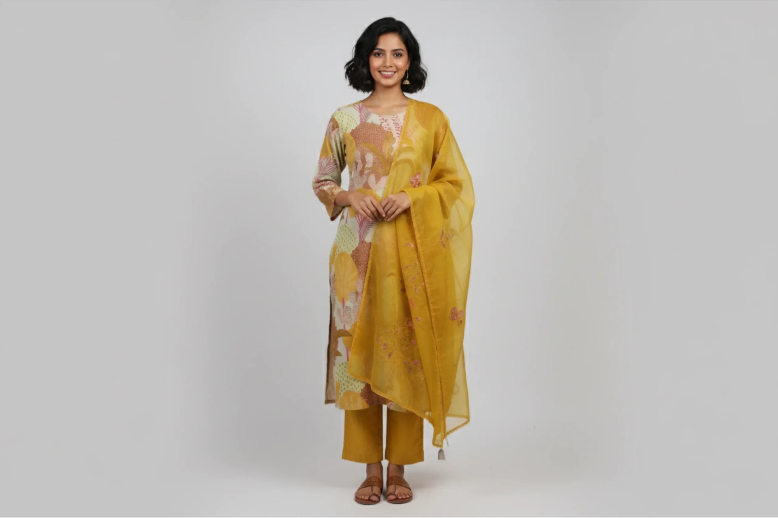 Printed khadi suit with earthy floral motifs, paired with a mustard dupatta and matching pants — perfect for festive daytime elegance.