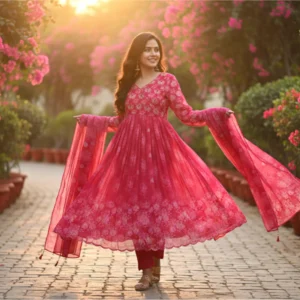 Hot pink soft silk suit with delicate print and highlight work, paired with a matching dupatta and pants — perfect for festive and celebratory occasions.