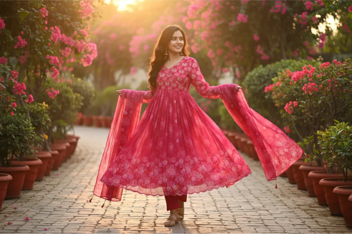 Hot pink soft silk suit with delicate print and highlight work, paired with a matching dupatta and pants — perfect for festive and celebratory occasions.