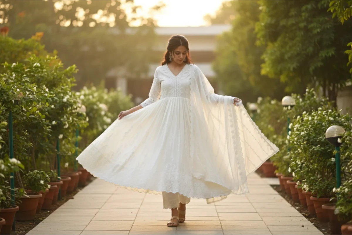 Cream cotton embroidered suit with lace-edged dupatta — elegant ethnic wear for festive and daytime occasions.