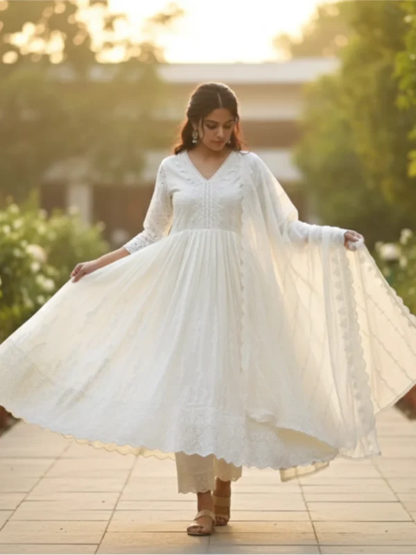 Cream cotton embroidered suit with lace-edged dupatta — elegant ethnic wear for festive and daytime occasions.