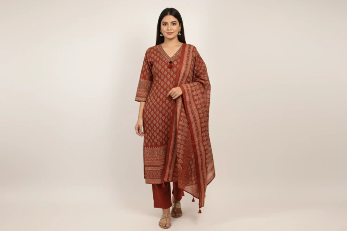 Mehroon cotton suit with block print work featuring kurta, pants, and dupatta – elegant ethnic wear for women by Rangoli Saris.