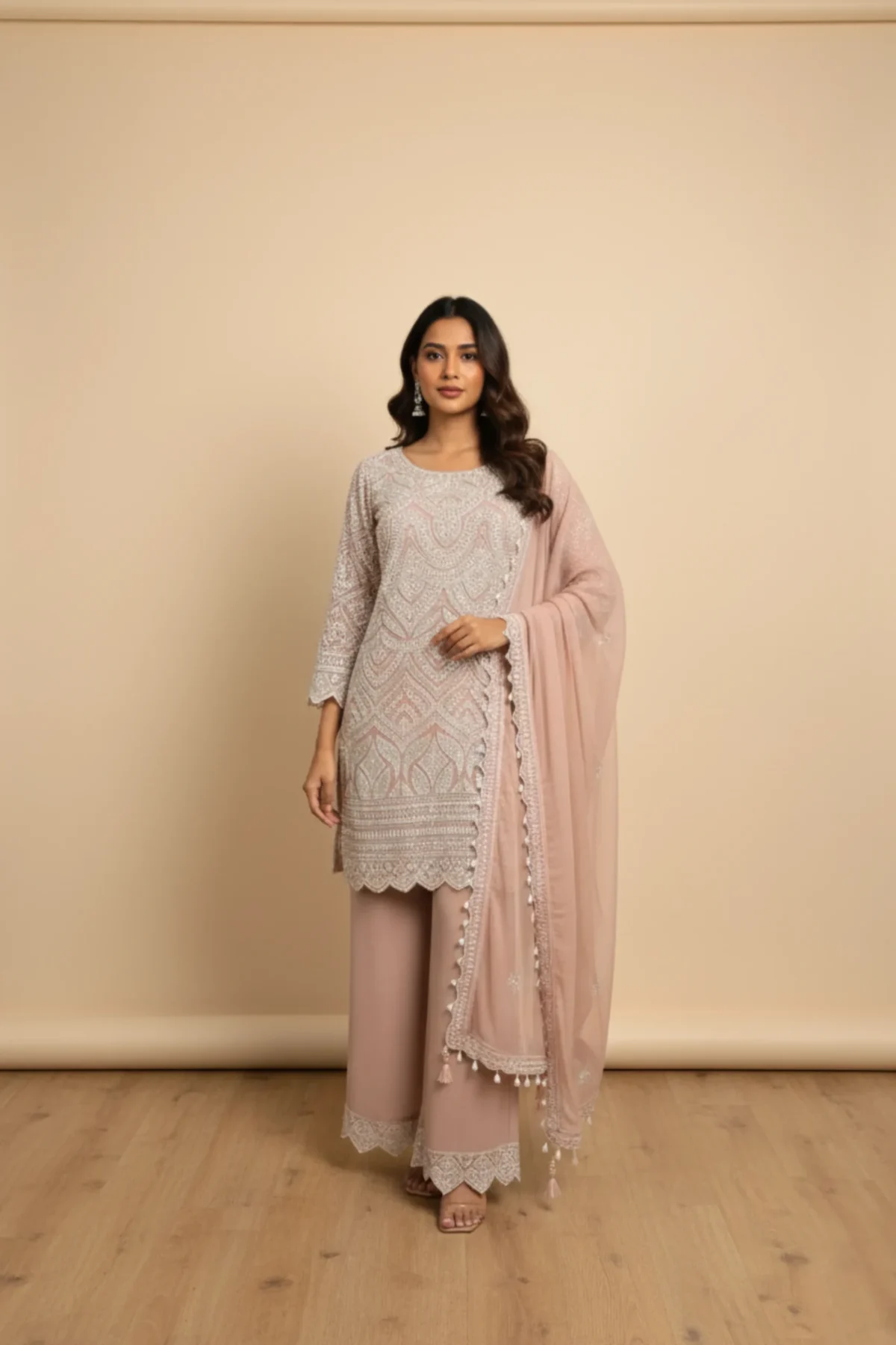 Ivory georgette plazo set with delicate handwork embroidery and matching dupatta — elegant festive ethnic wear for women by Rangoli Saris.