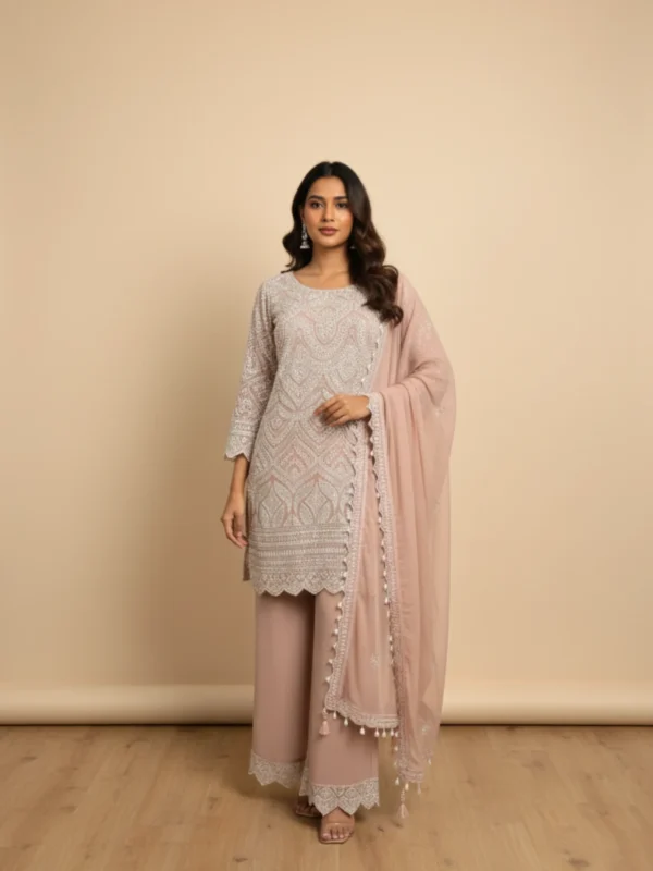 Ivory georgette plazo set with delicate handwork embroidery and matching dupatta — elegant festive ethnic wear for women by Rangoli Saris.