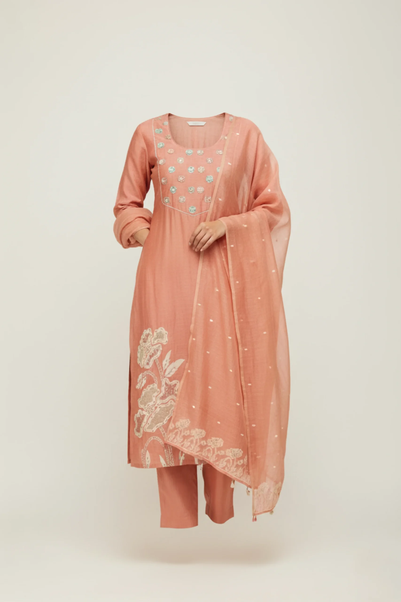Peach Serenity – Woven & Embroidered Bengal Cotton Suit - Image 4
