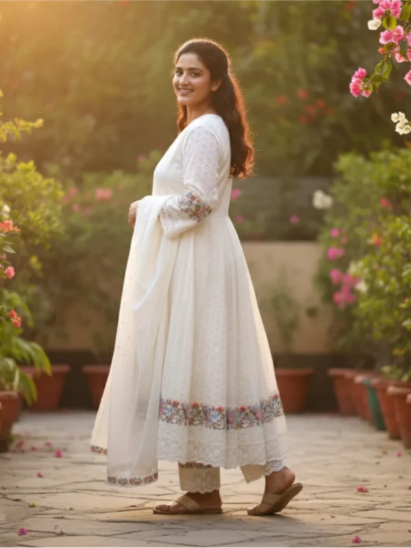Off white cotton suit with delicate weaving and embroidery work, paired with matching pants and dupatta — perfect for festive and daytime wear.