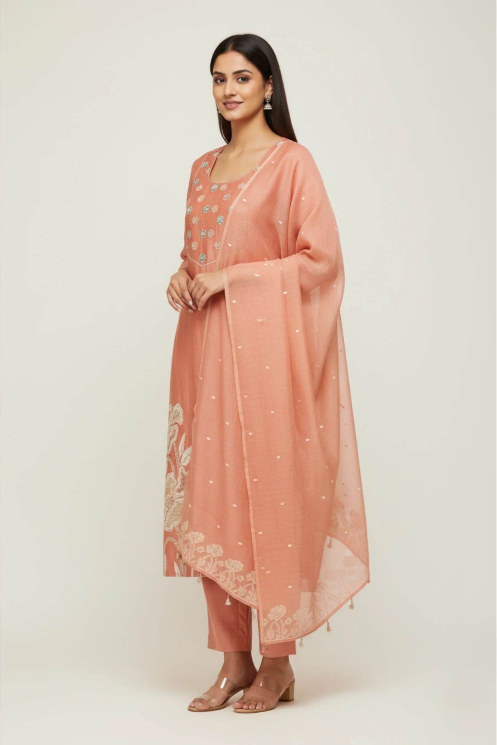 Peach Serenity – Woven & Embroidered Bengal Cotton Suit - Image 3