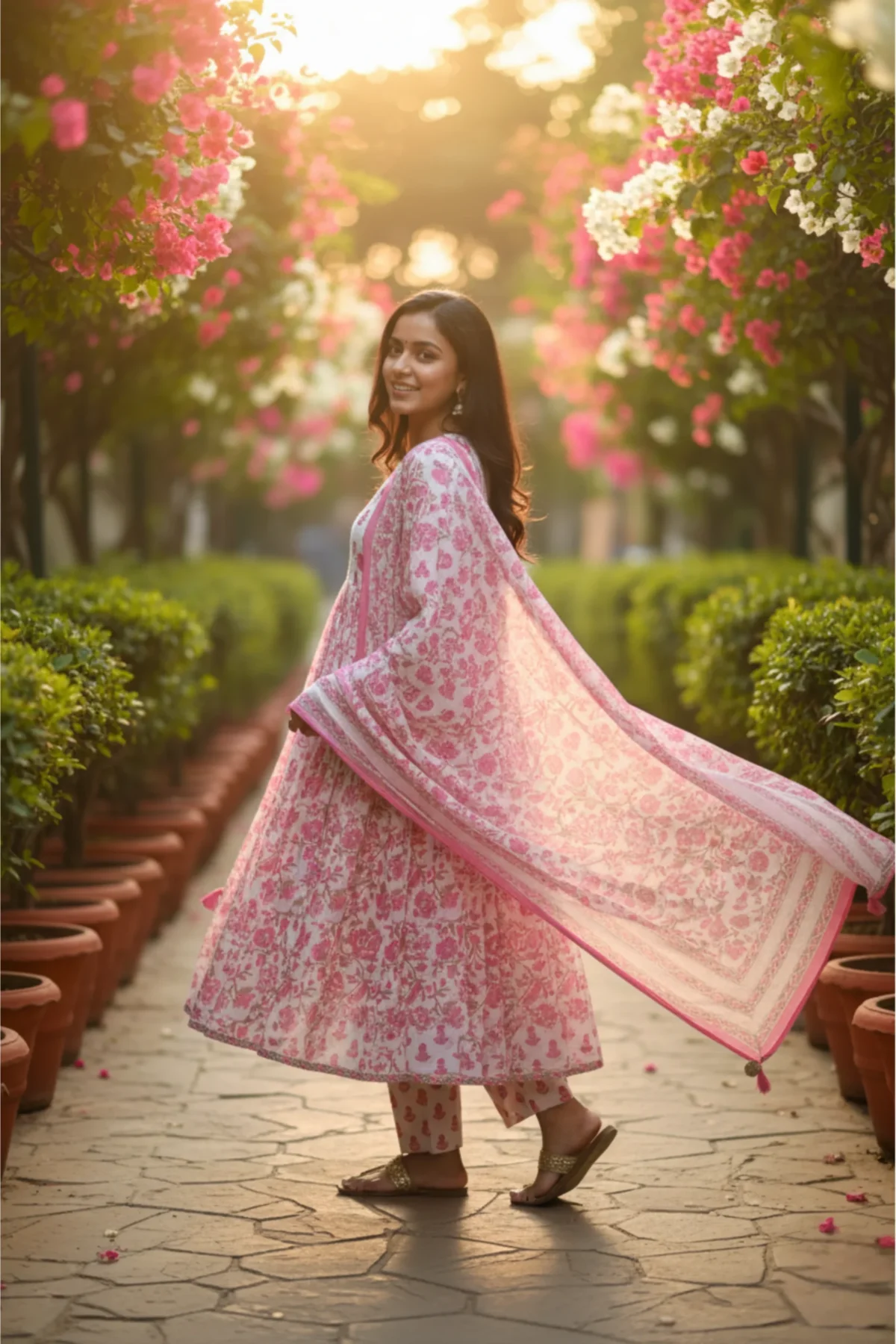 White cotton suit with pink floral printed work, paired with matching printed dupatta and pants — perfect for festive brunches and elegant daytime wear.