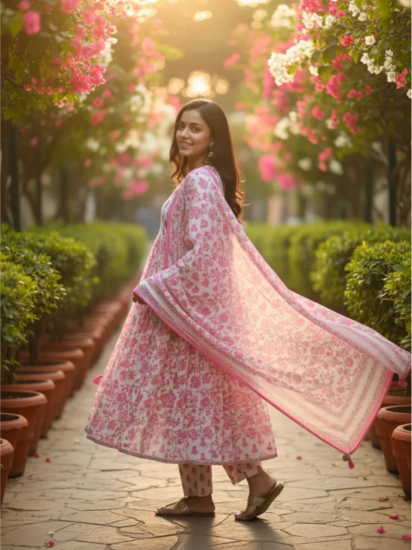 White cotton suit with pink floral printed work, paired with matching printed dupatta and pants — perfect for festive brunches and elegant daytime wear.