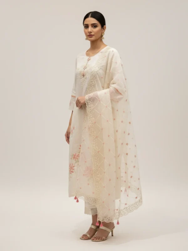 Off white Chanderi suit with delicate floral embroidery, paired with matching pants and an embroidered dupatta — perfect for festive and elegant occasions.