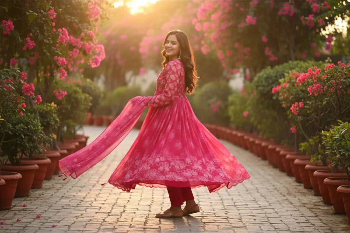 Hot pink soft silk suit with delicate print and highlight work, paired with a matching dupatta and pants — perfect for festive and celebratory occasions.