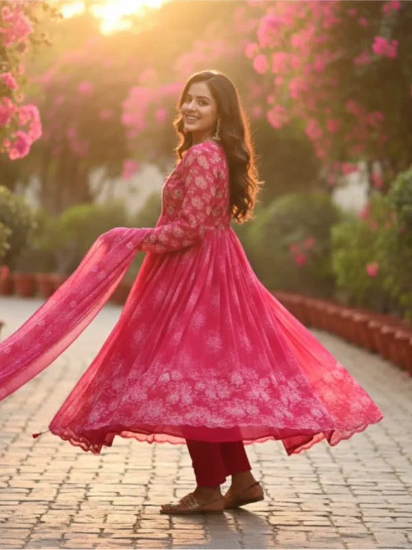 Hot pink soft silk suit with delicate print and highlight work, paired with a matching dupatta and pants — perfect for festive and celebratory occasions.