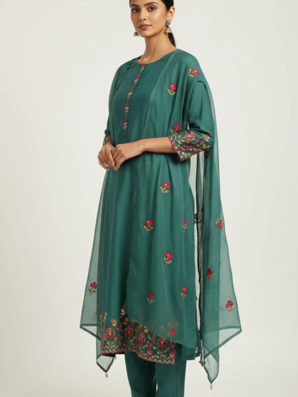 Blue-green Chanderi embroidered suit set with intricate threadwork and matching dupatta — elegant festive wear for women.
