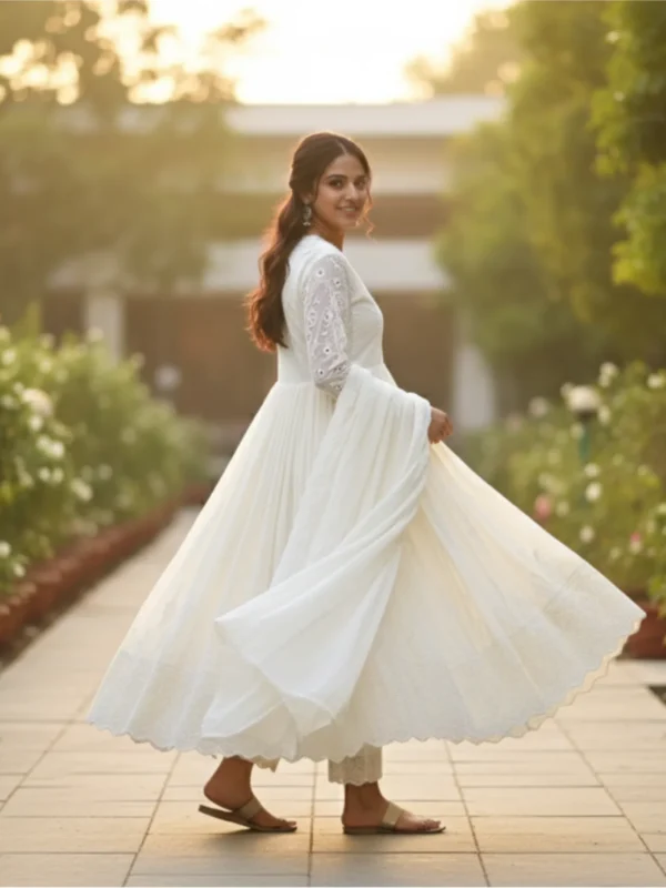 Cream cotton embroidered suit with lace-edged dupatta — elegant ethnic wear for festive and daytime occasions.