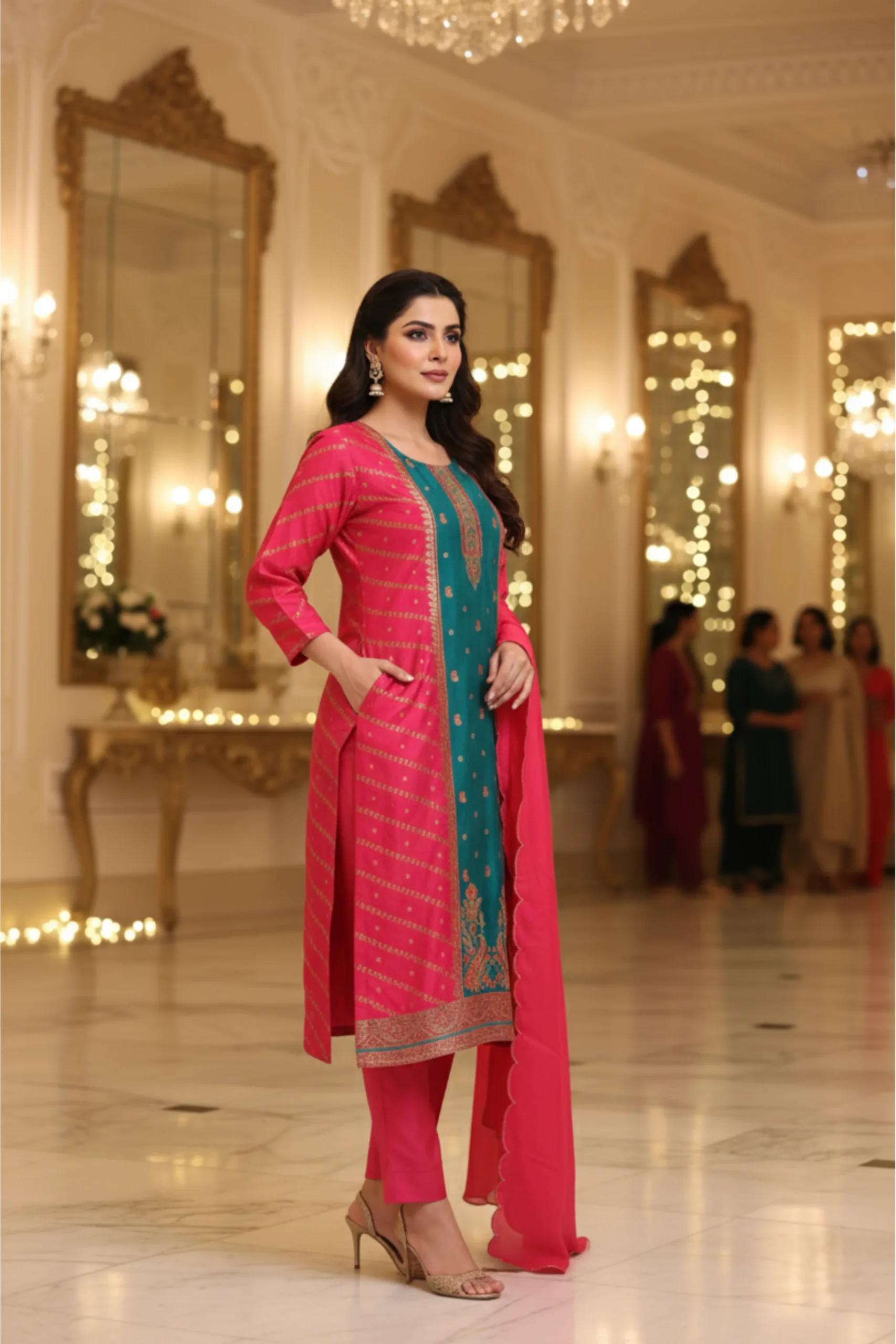 Raani Radiance – Pink Model Silk Weaving Highlight Suit - Image 2