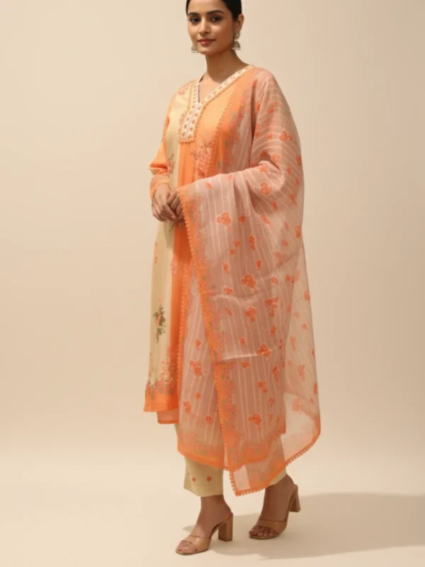 Peach Serenade – Muslin Suit with Print & Highlight Work
