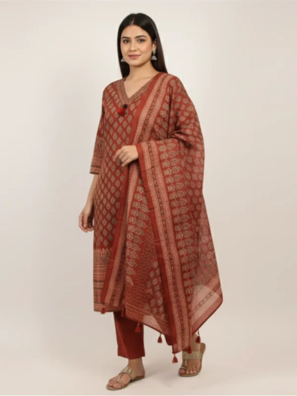 Mehroon cotton suit with block print work featuring kurta, pants, and dupatta – elegant ethnic wear for women by Rangoli Saris.
