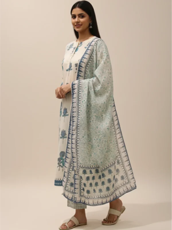 Azure Bloom – Blue Cotton Suit with Elegant Print Detailing