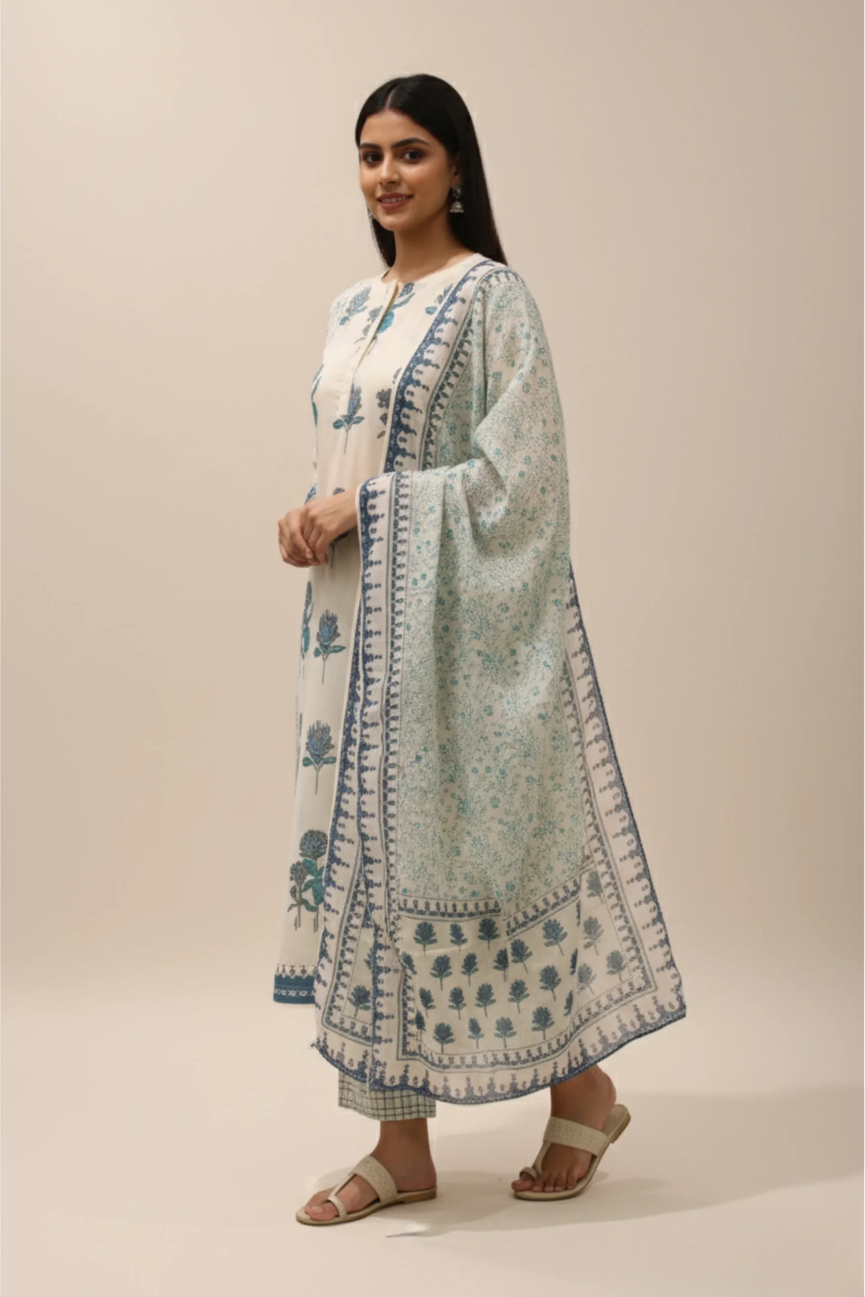 Azure Bloom – Blue Cotton Suit with Elegant Print Detailing - Image 2