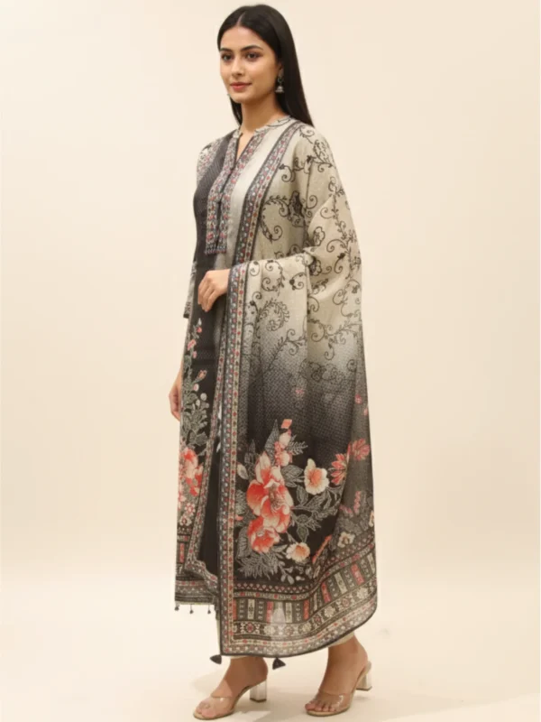 Noir Bloom – Grey Muslin Suit with Digital Floral Print