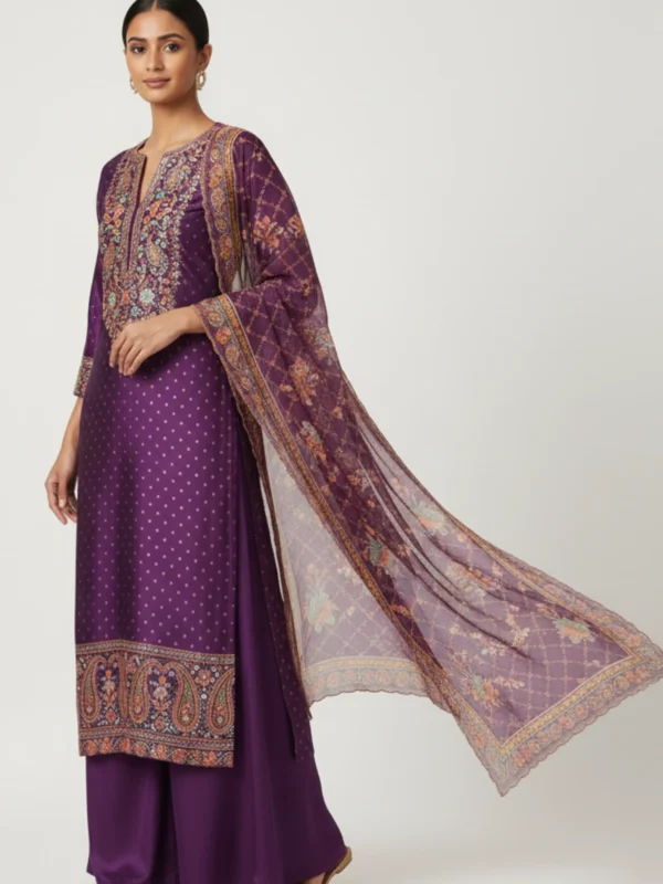Royal Orchid – Purple Muslin Suit with Intricate Print & Embellished Neckline
