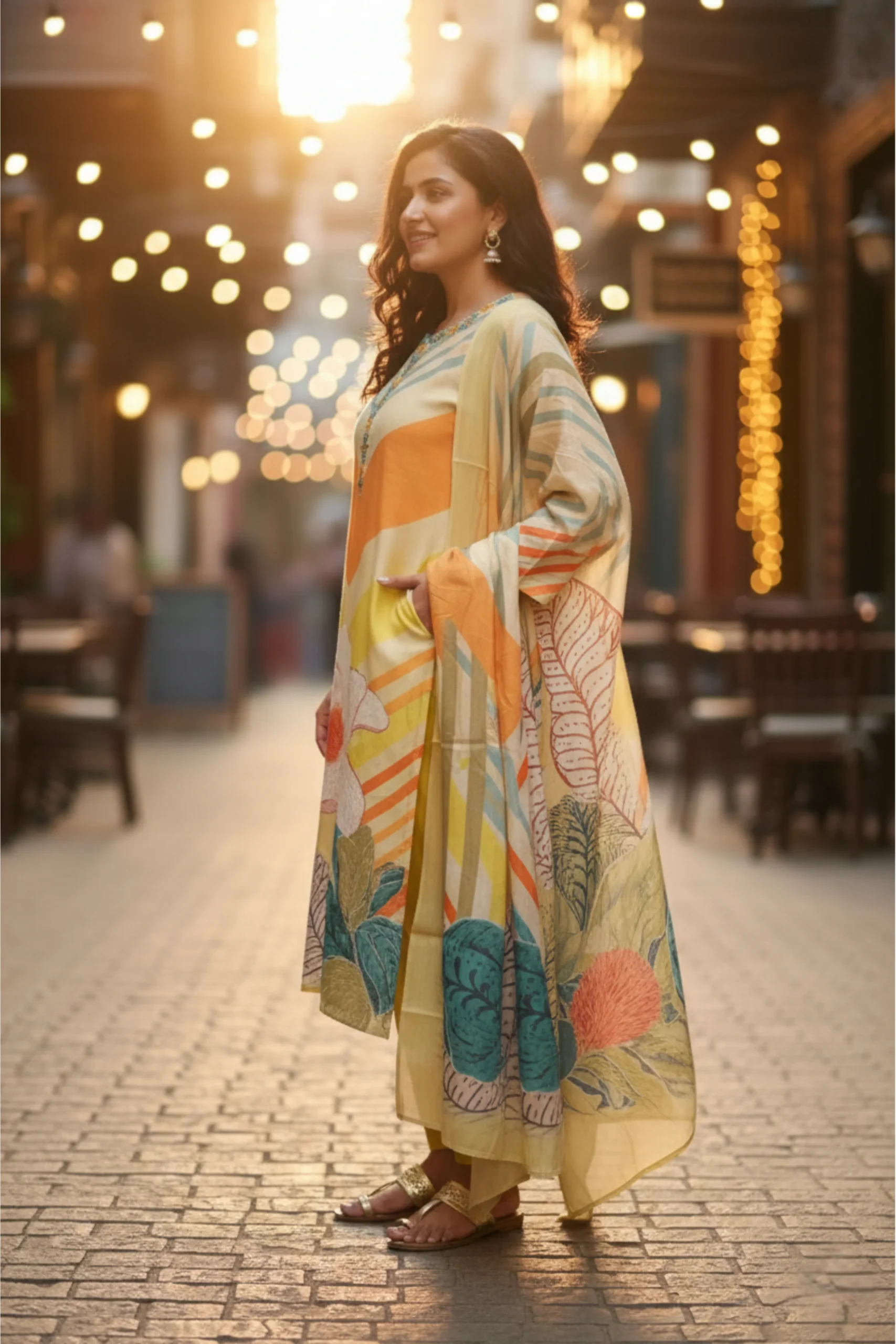 Printed yellow muslin suit with floral design and highlight detailing, styled with a matching printed dupatta — elegant daytime ethnic wear by Rangoli Saris.